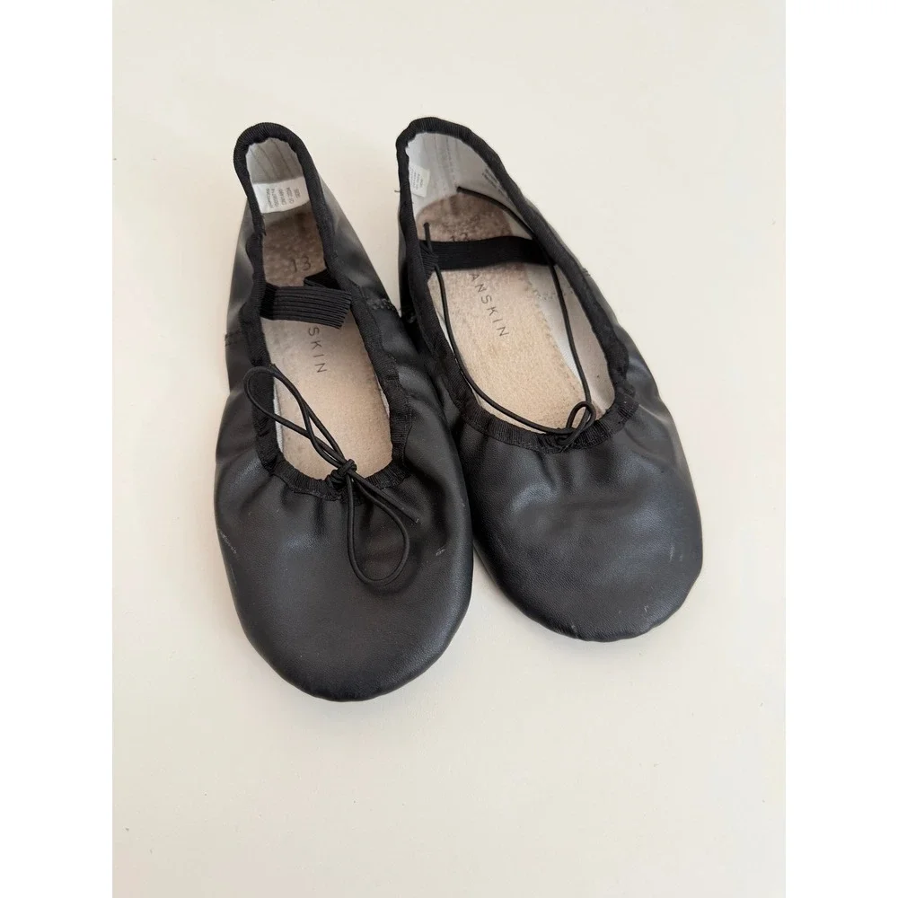 Danskin Girls Black Leather Ballet Slippers Dance Shoes Size 13 Full Suede Sole
